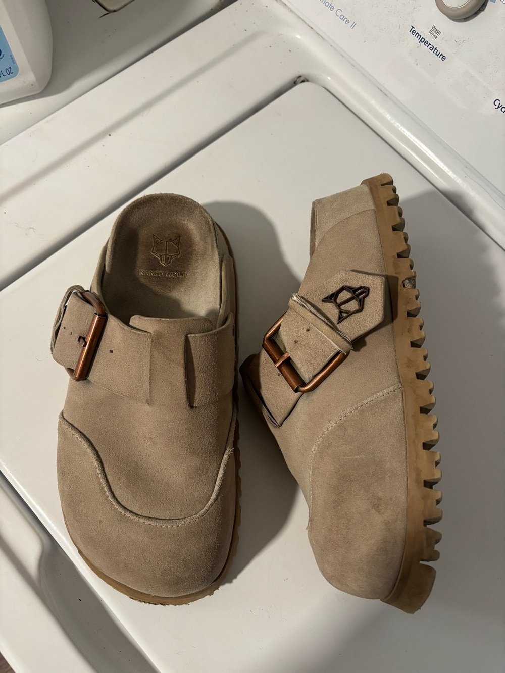 NAKED WOLFE Vivi Suede Leather Chunky Clogs Mules Slip On Slippers Tan Size 38 8